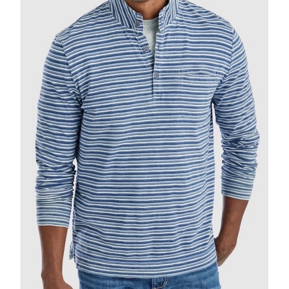 Johnnie-O Hangin Out Mens XL Blue Striped Long Sleeve Henley Shirt Stand Collar‎
